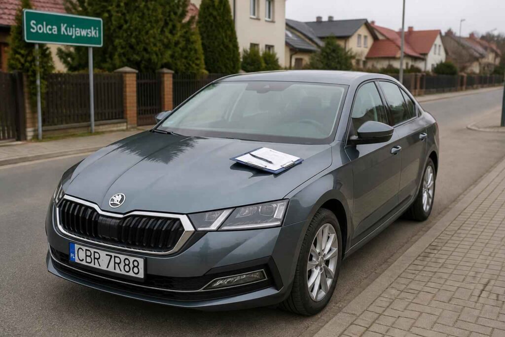 Szara Škoda Superb z kartką na masce zaparkowana przy znaku Solca Kujawski