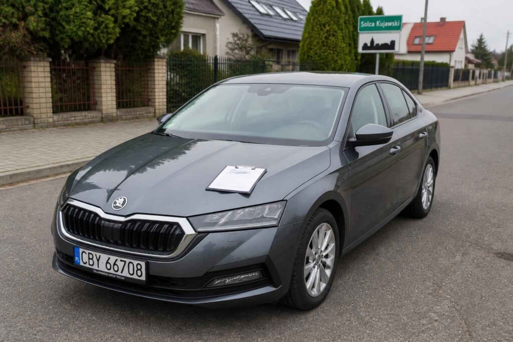 Szara Škoda Superb zaparkowana przy ulicy Solca Kujawskiego, z kartką na masce
